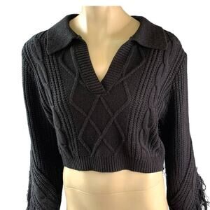HERA Collection Black Cropped Fringe Cable knit Shawl Sweater Women's Size M